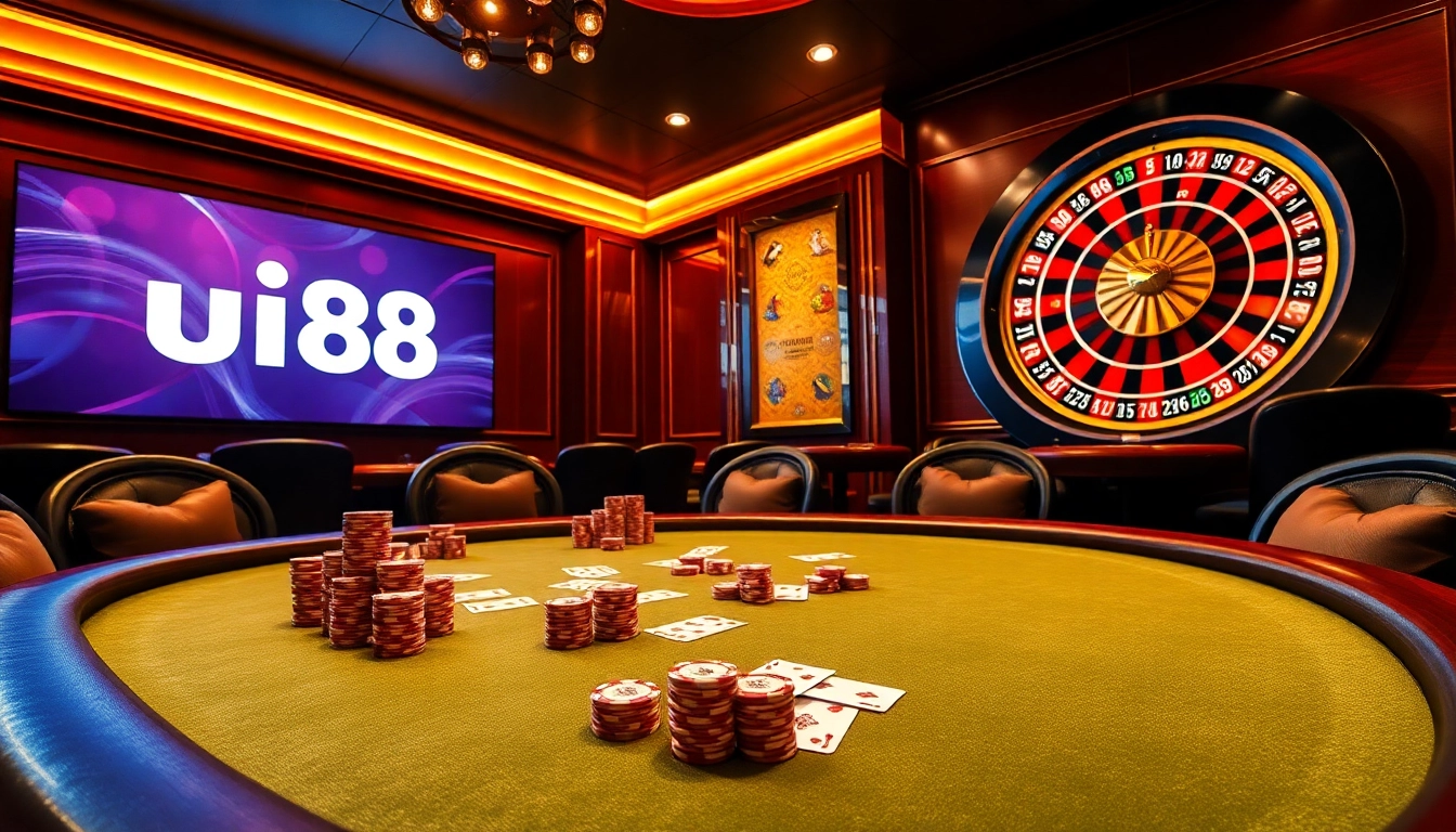 Experience the excitement of a high-stakes poker game at uu88 with vibrant chips and cards.