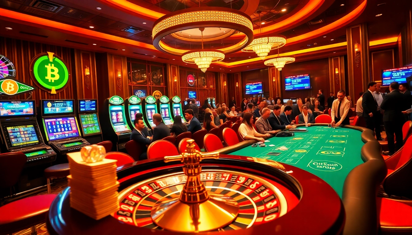 Action-packed scene of players winning at Bitcoin casinos, featuring a poker table and slot machines.