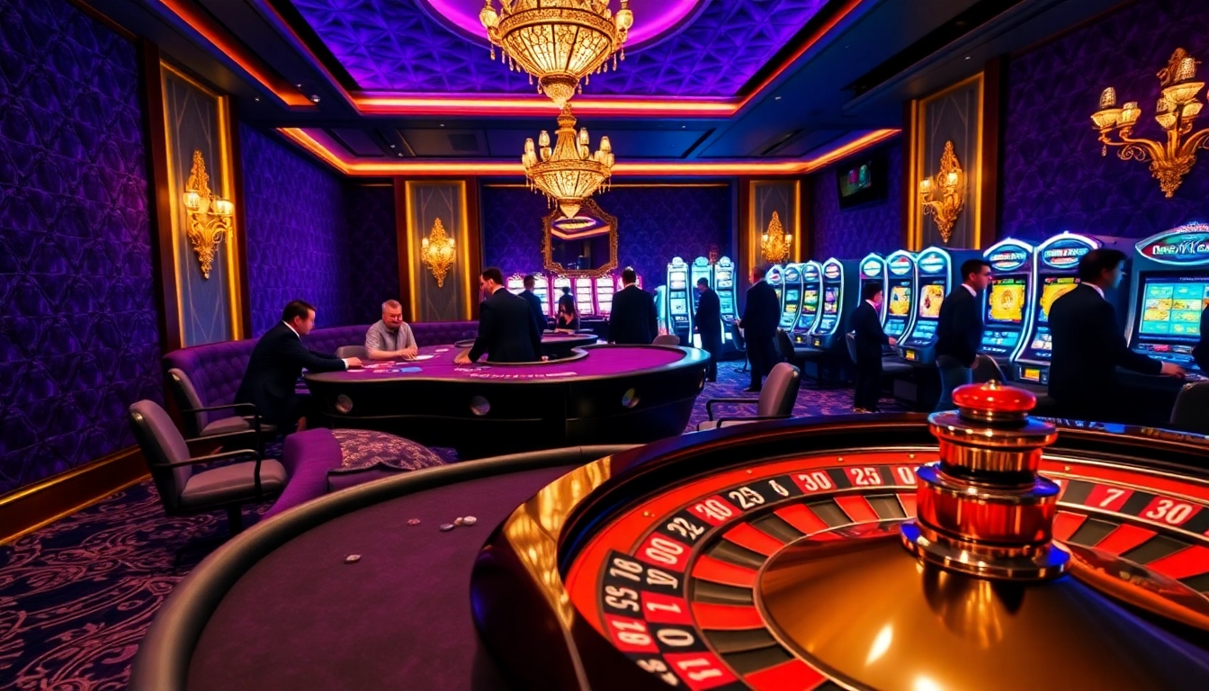 Experience the thrill of the Bk33 club with a vibrant casino scene showcasing poker and roulette.