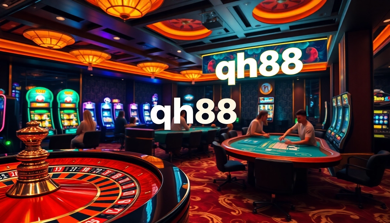 Players enjoying games at QH88 casino with excitement and colorful slot machines.