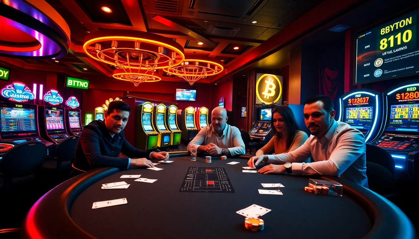 Exciting gameplay at Bitcoin casinos featuring vibrant poker tables and high-stakes betting.