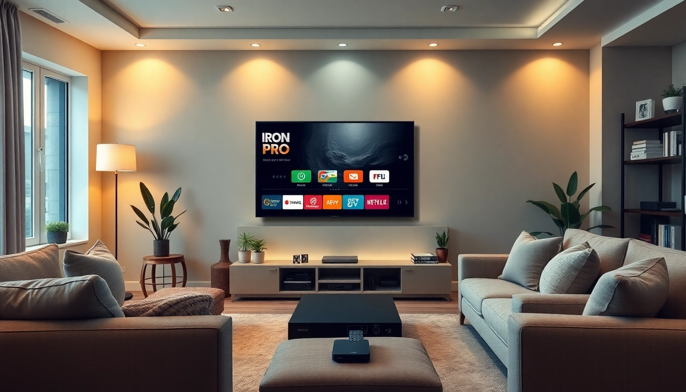 Iron TV Pro interface displayed on a modern living room TV, showcasing a premium streaming experience.