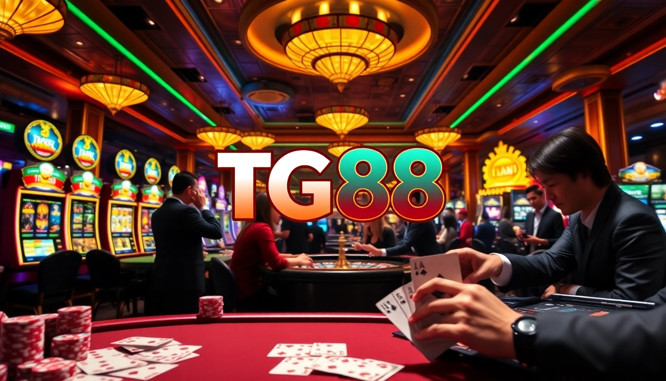 Excited players enjoying casino games at TG88, featuring vibrant slot machines and poker tables.