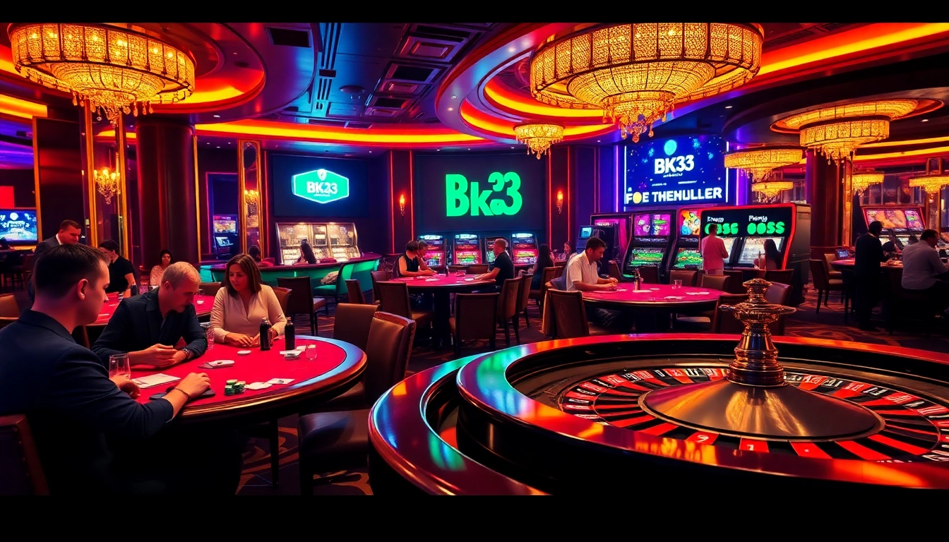 Experience excitement at Bk33 club with players at poker tables and a spinning roulette wheel.
