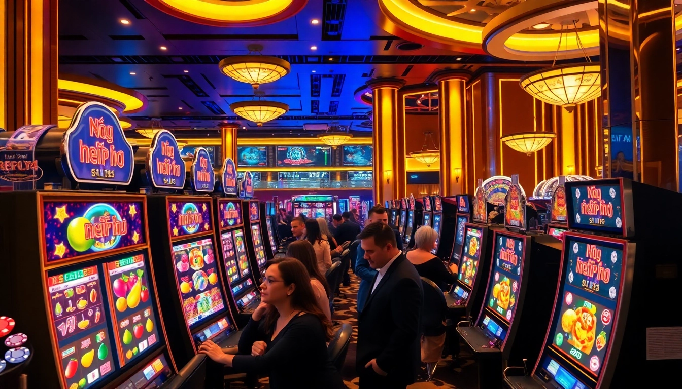 Players enjoying "nổ hũ" slot machines in an elegant casino atmosphere filled with excitement.