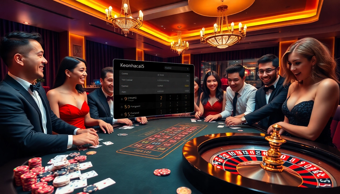 Engaged gamblers analyzing odds and making bets at a luxurious casino table, featuring keonhacai5 visuals.