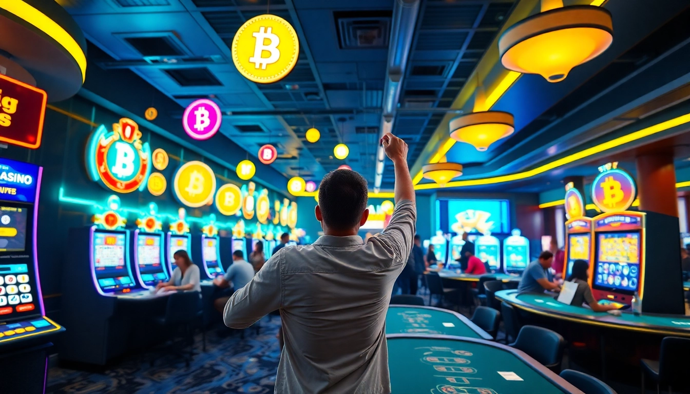 Joueurs au crypto casino célébrant des gains dans un environnement vibrant et animé.