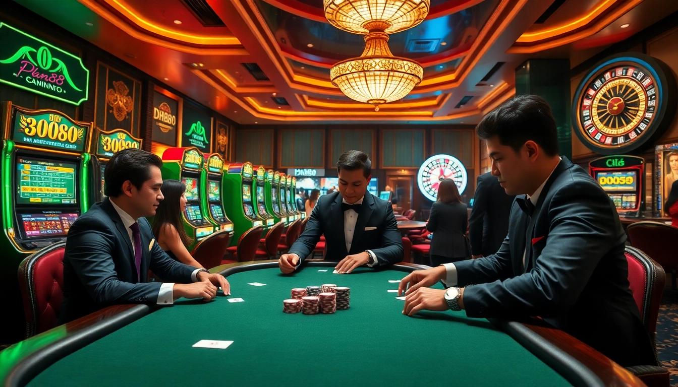 Engaged players enjoying a thrilling DH88 casino experience at an elegant poker table.
