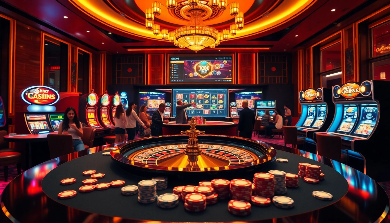 A vibrant casino français sans kyc scene showcasing roulette and slot machines, emphasizing luxury and excitement.