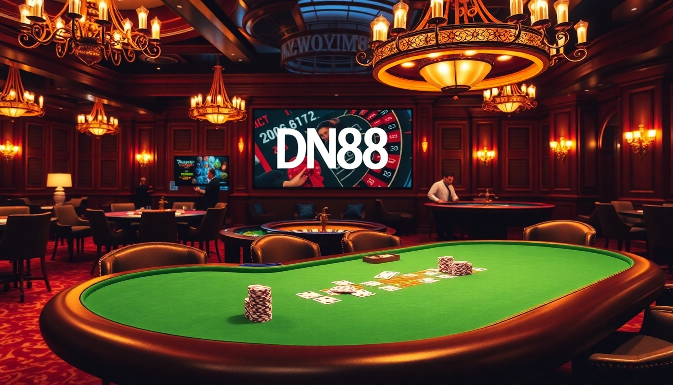 Engage in an exhilarating casino atmosphere with DN88 poker tables, chips, and roulette, reflecting luxury and excitement.