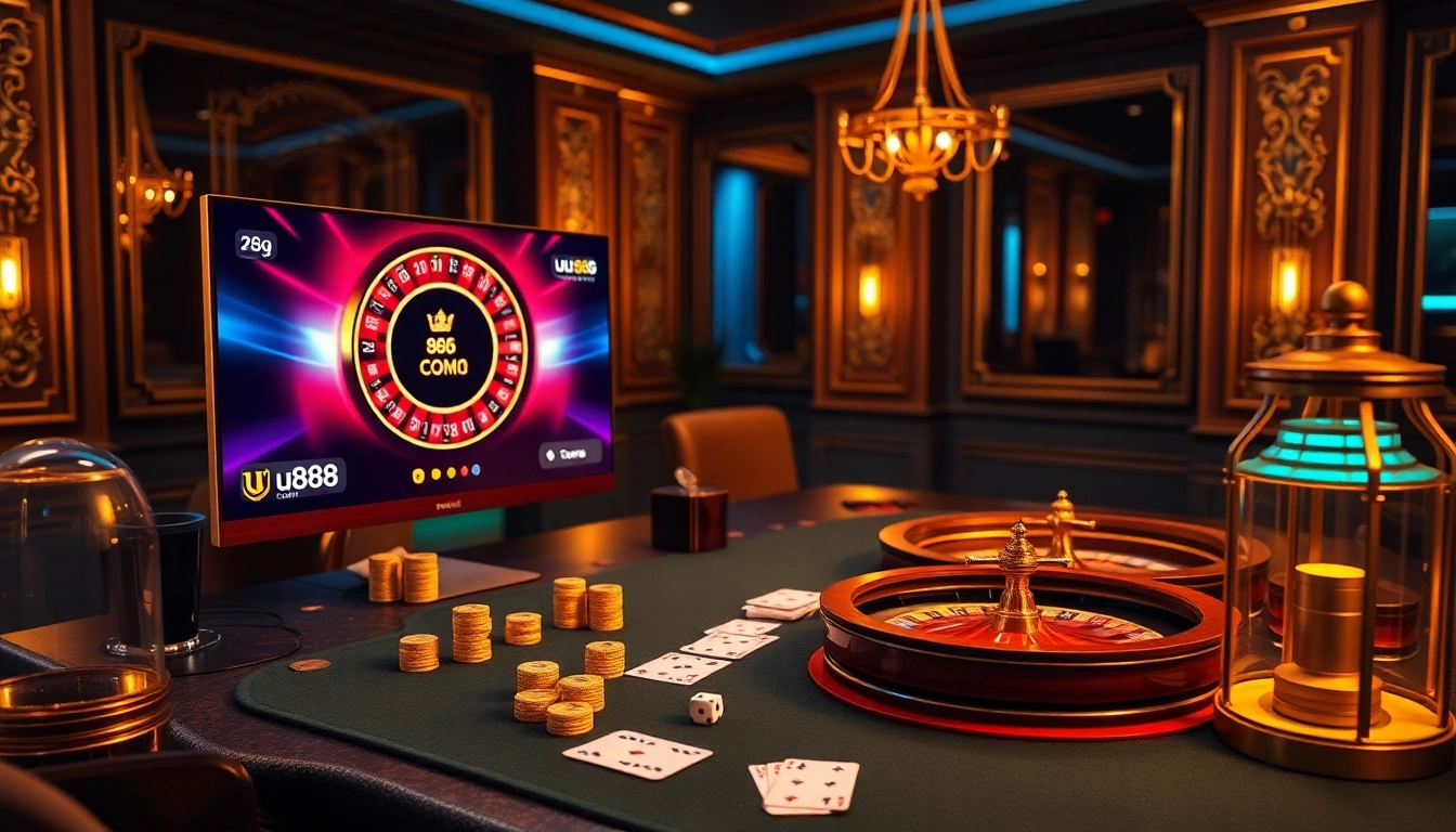 Engaging online casino action on uu888 com with vibrant roulette wheel and poker chips.