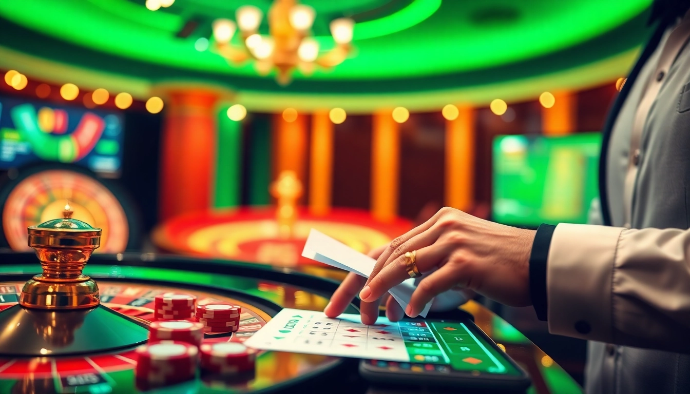 Engaging scene of a site de pari en ligne showcasing vibrant casino elements like roulette wheels and poker chips.