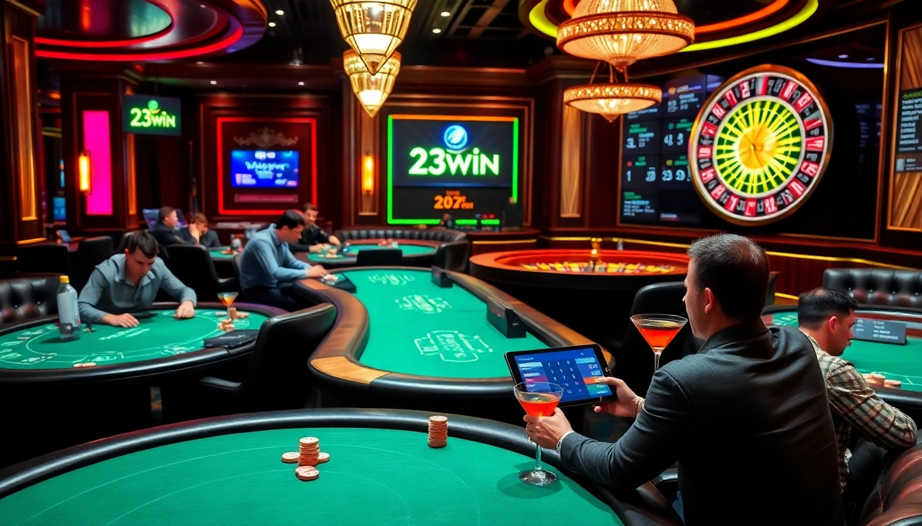Players enjoying a high-stakes game at 23win casino with chips and roulette wheel.