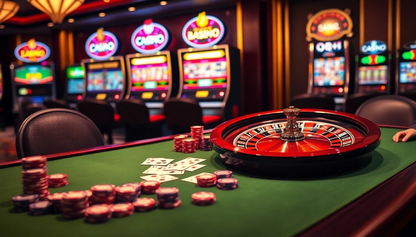A thrilling poker game at qq88 com casino featuring chips, cards, and a roulette wheel.