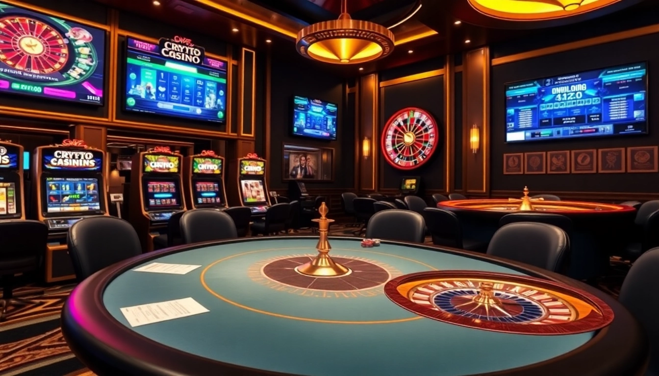 Exciting atmosphere in crypto casinos with players at a poker table and colorful slot machines.