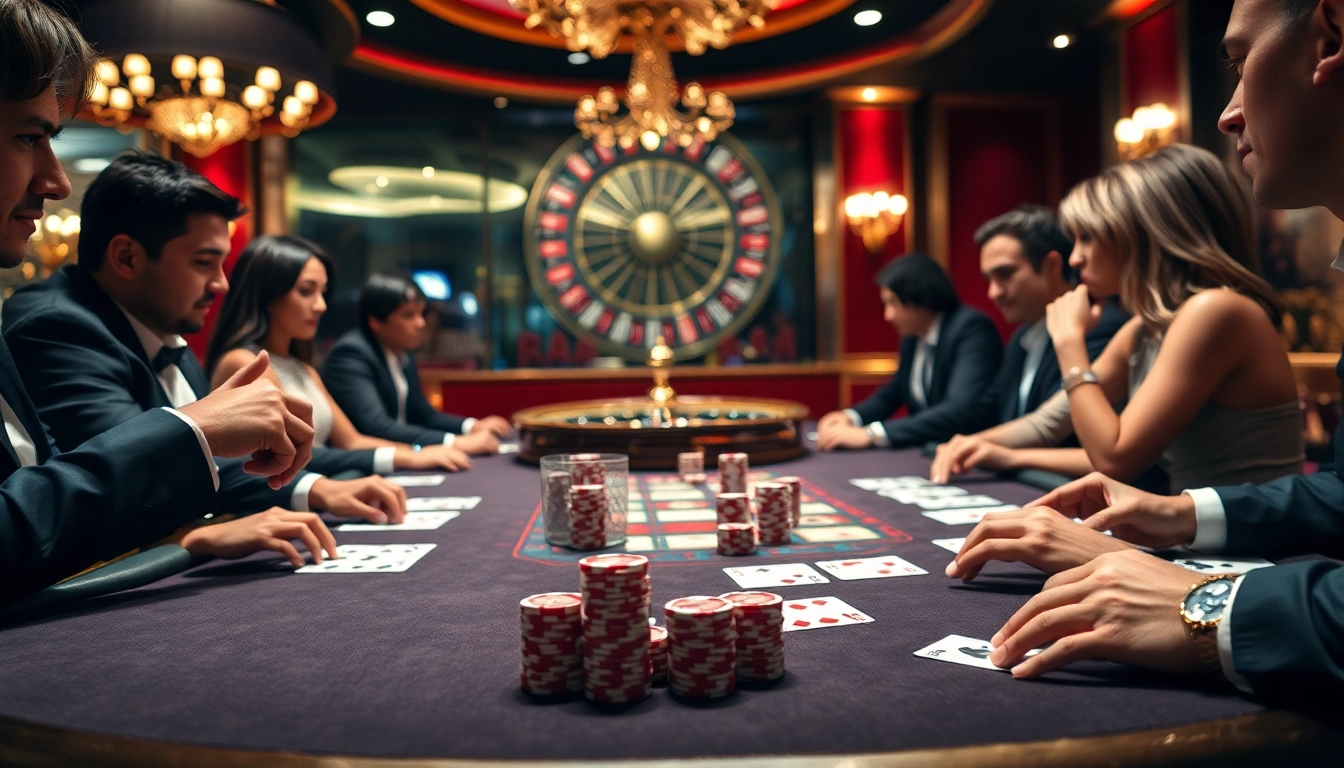 Excited players enjoying a professional gaming experience at nhà cái lc88 casino table.