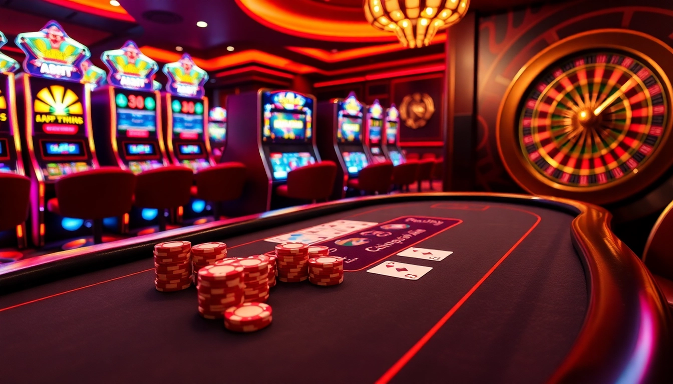 Casino en ligne retrait rapide scene with a poker table, vibrant slot machines, and roulette wheel.