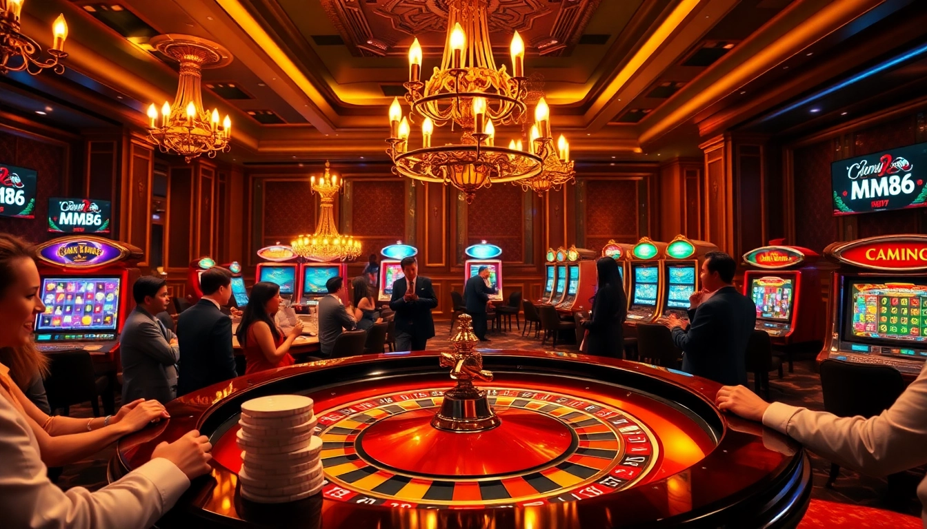 Engaging casino atmosphere with players at MM88 betting on roulette and enjoying gaming excitement.