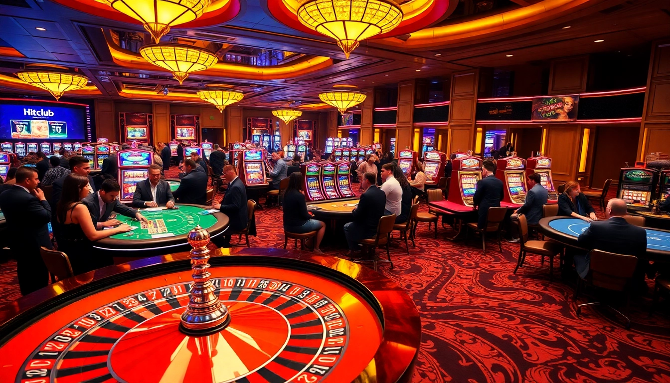 Hitclub branded poker chips and a roulette wheel in a vibrant casino atmosphere.