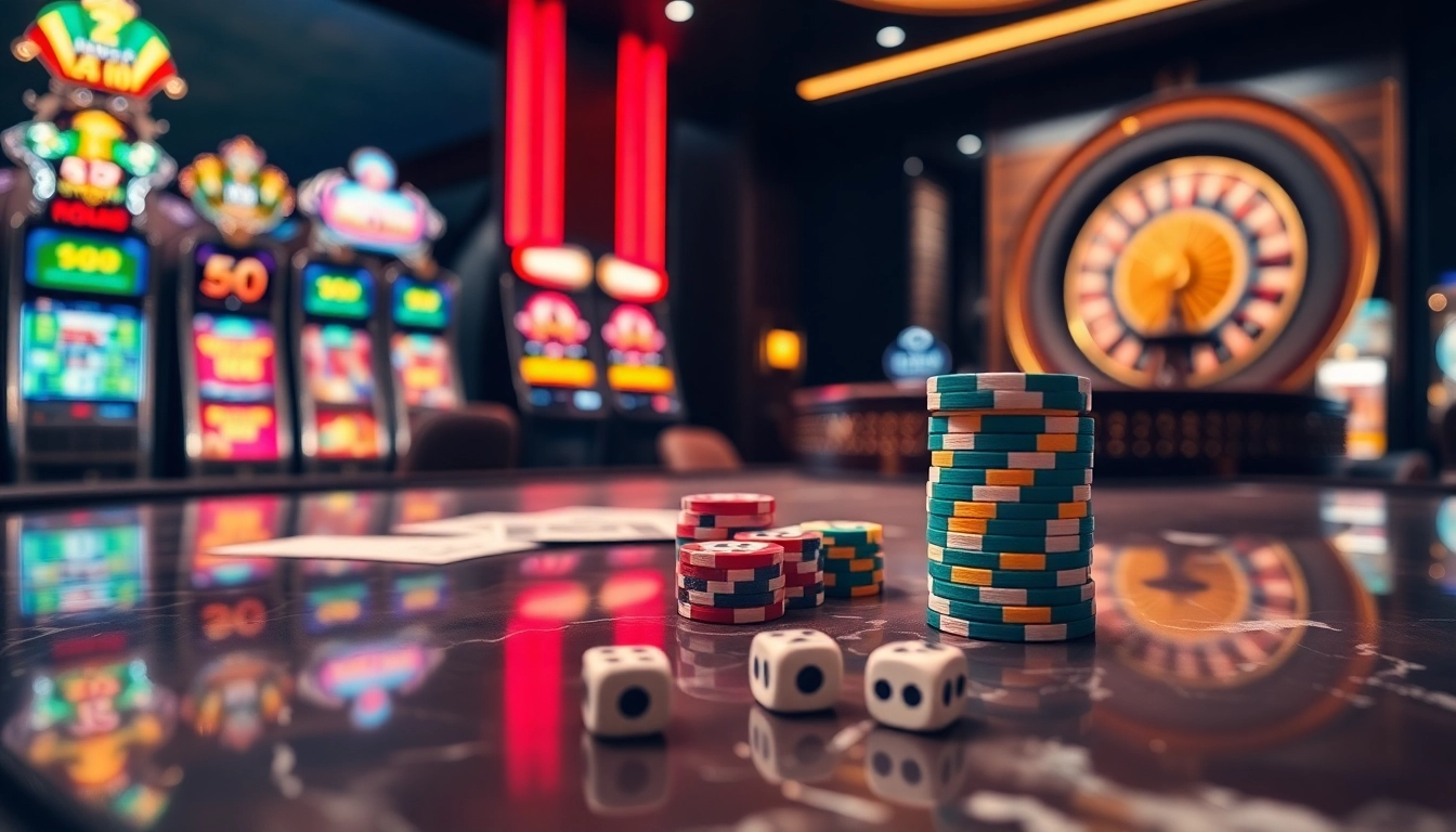 S8-themed poker table with vibrant casino elements like chips, dice, and slot machines.