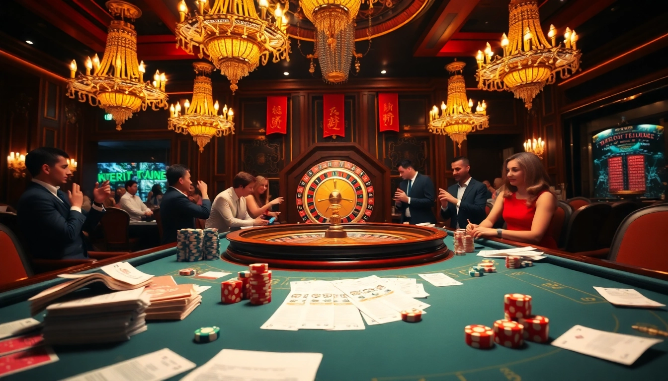 Action-packed keonhacai5 casino scene with poker chips, betting slips, and roulette wheel.
