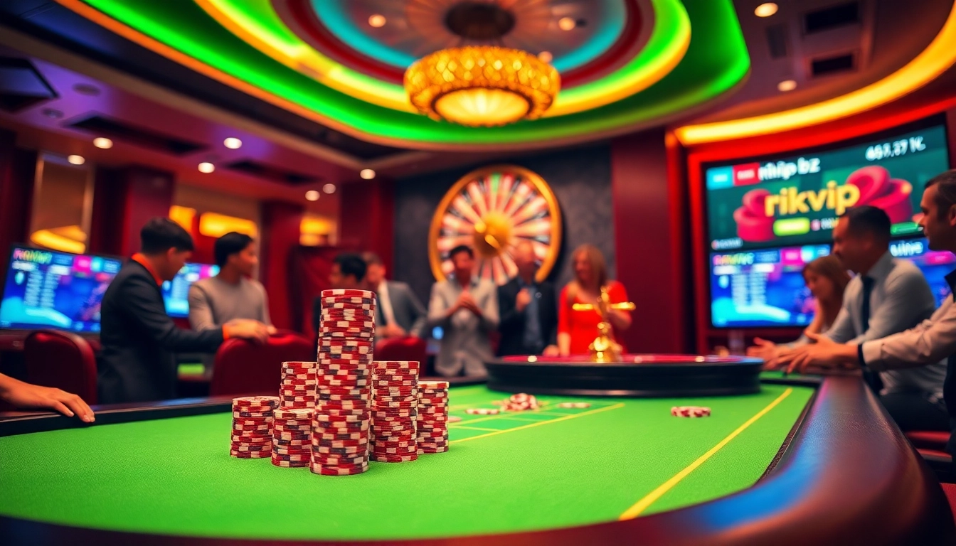 Experience thrilling games at rikvip.bz with exciting poker chips and a spinning roulette wheel.