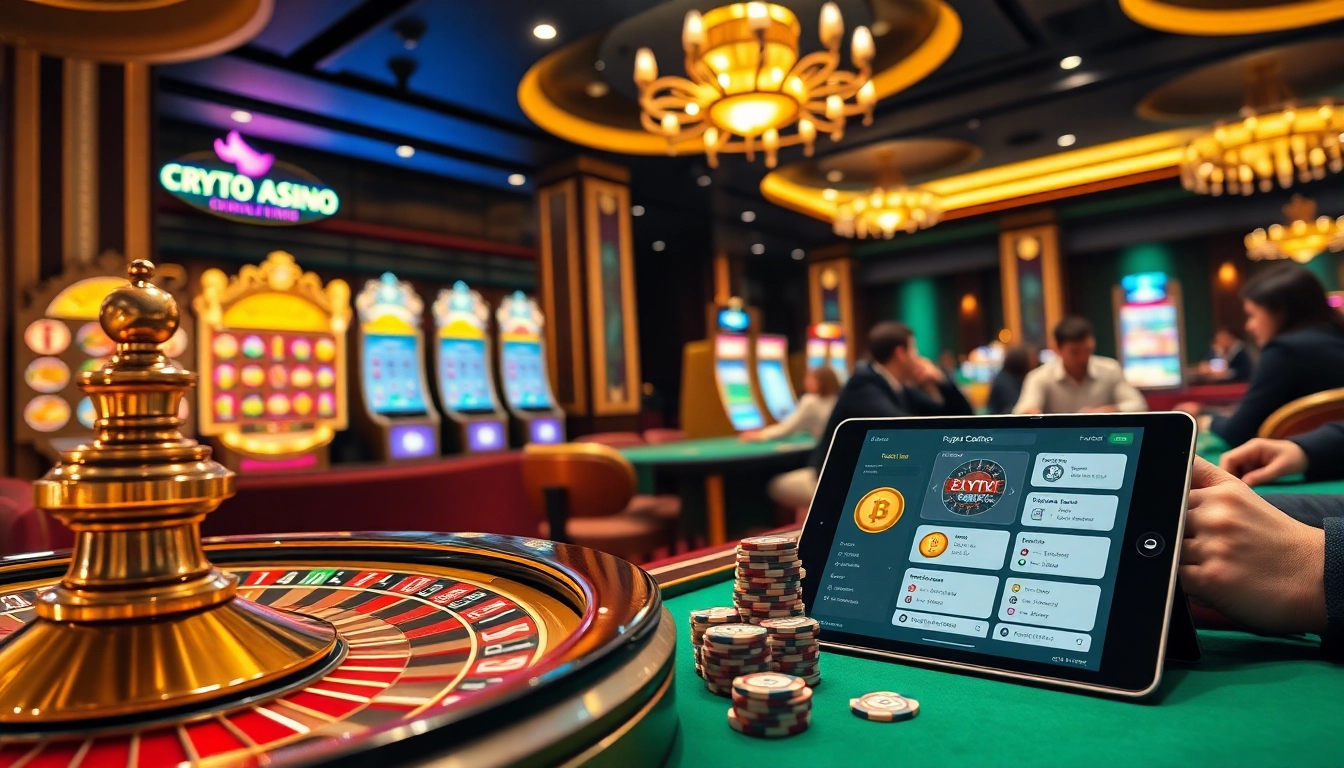 Engage in thrilling games at crypto casinos with vibrant slot machines and a roulette wheel.