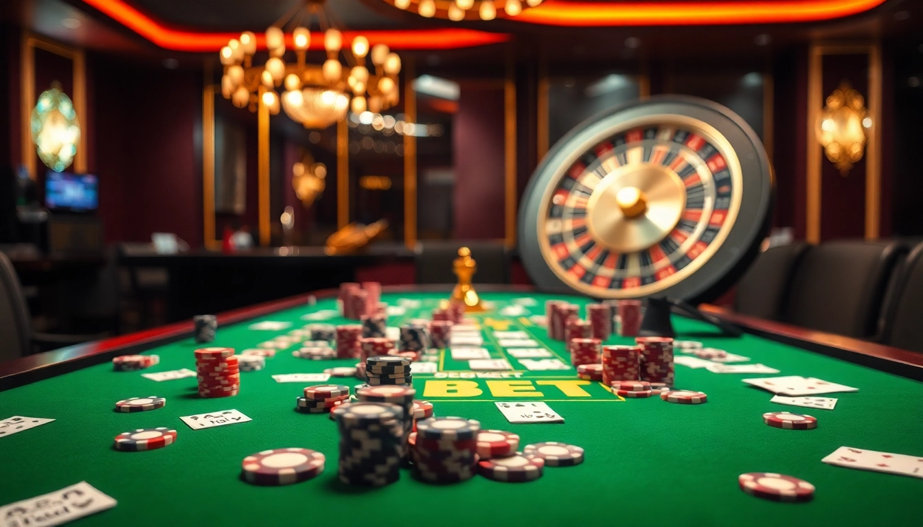 Engaging F8BET casino scene with vibrant gaming table and roulette wheel.