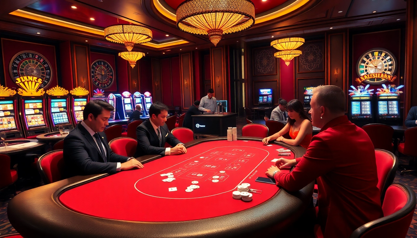 MMOO live gaming table with players enjoying high-stakes poker in a luxurious casino setting.