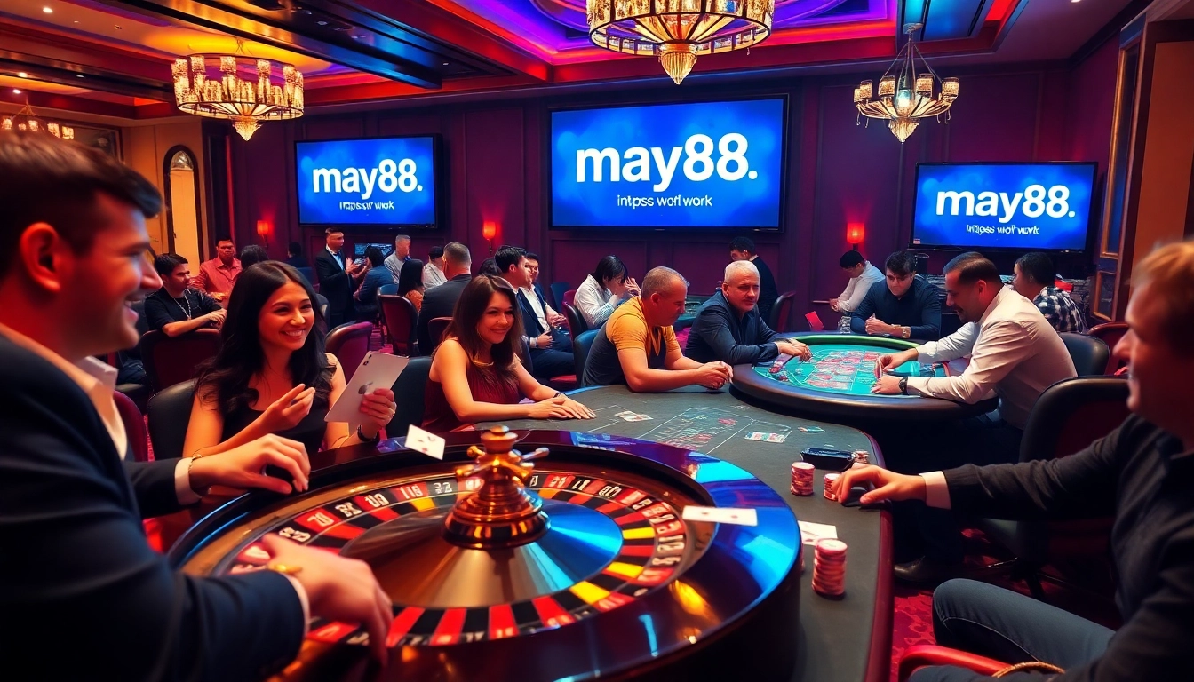 A dynamic live casino scene showcasing players at the tables, celebrating wins on https://may88.work/ with poker chips and cards.