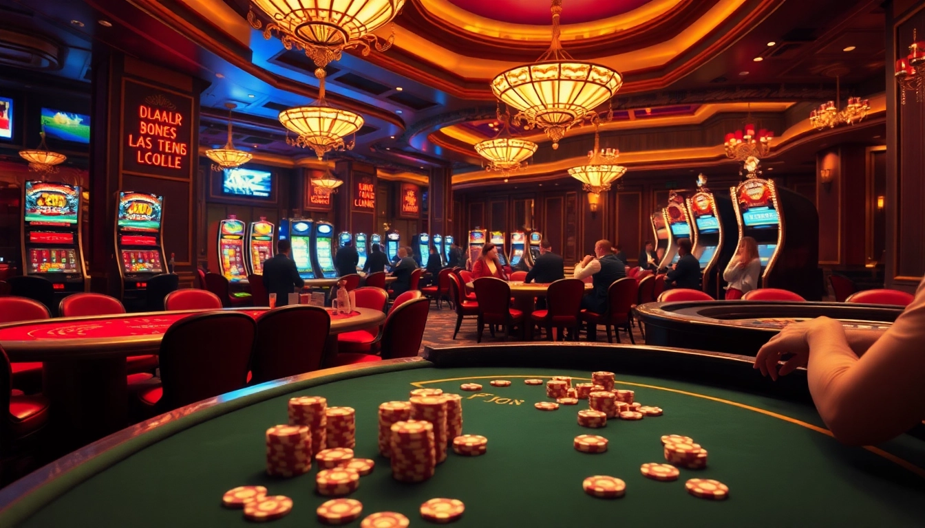 Casino en ligne Français highlighting an exciting interior with players at blackjack and roulette tables.