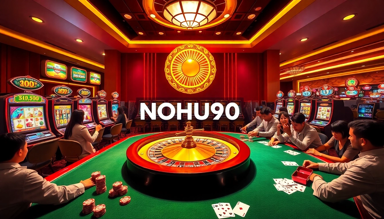 Nohu90's exciting casino atmosphere with roulette wheel, slot machines, and vibrant players.