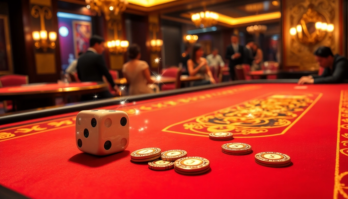 Tài xỉu md5 gaming table with rolling dice and enthusiastic players enjoying a luxurious casino setting.