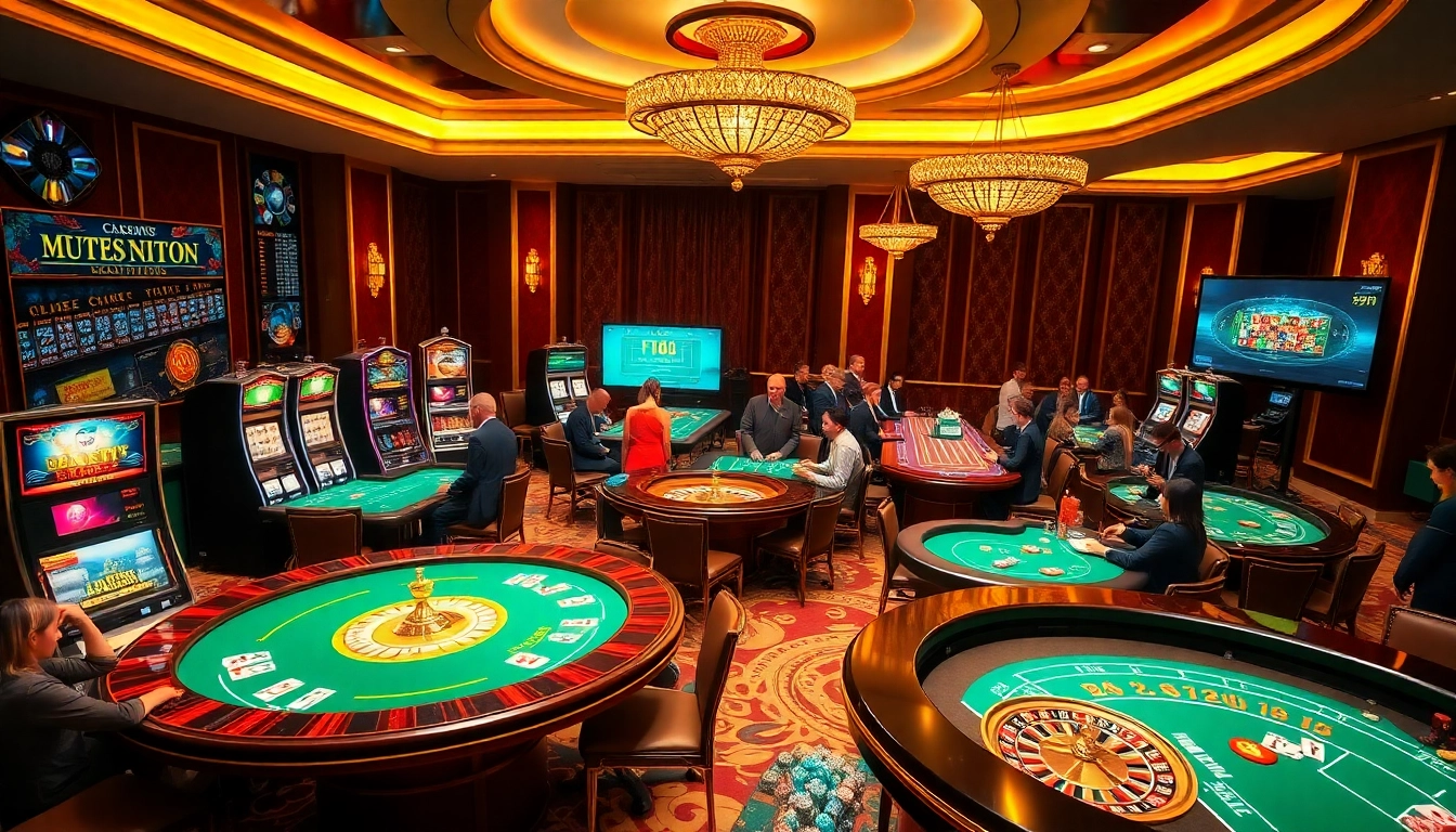 F168 players enjoying vibrant casino games at luxurious tables with roulette and poker setups.
