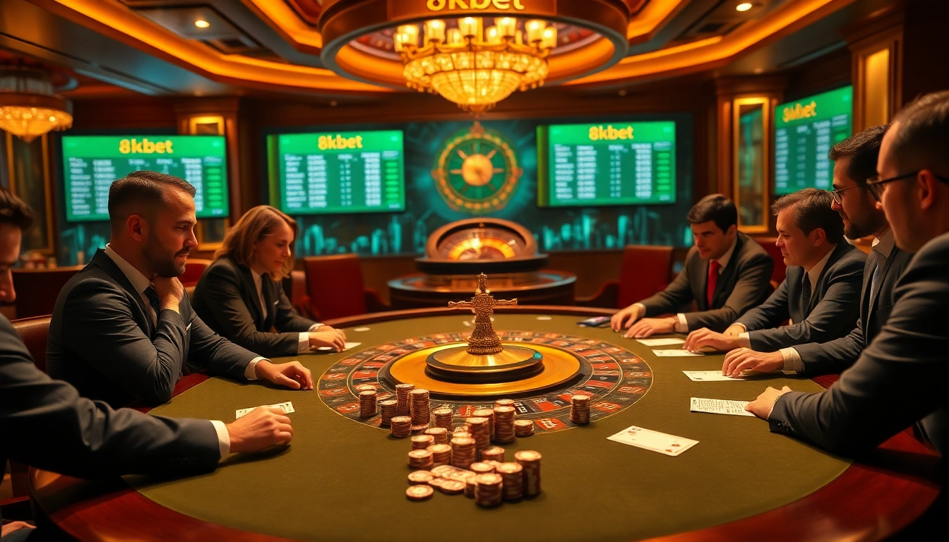 An intense poker game at 8kbet's luxury casino table, highlighting professional players and vibrant betting action.