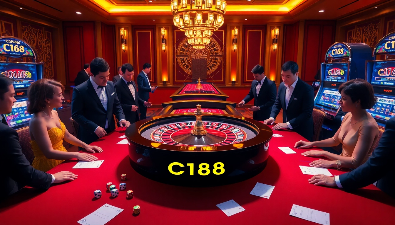 C168 thrilling casino experience with a roulette table and players immersed in the game.