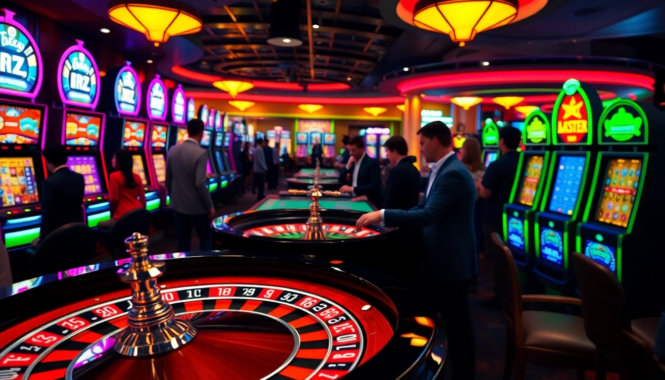 Joueurs engagés à un casino en ligne avec des machines à sous et une table de roulette.