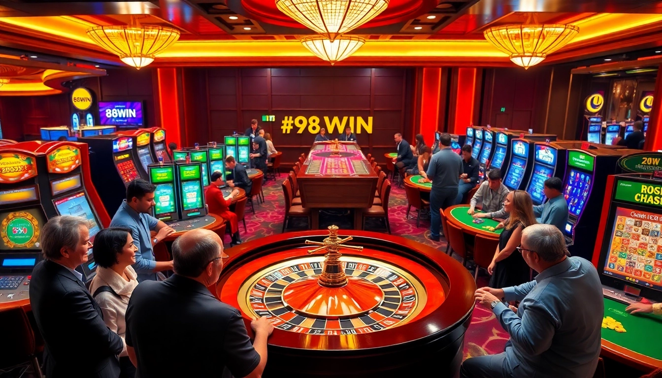 Excited players enjoying casino games at 98WIN, showcasing vibrant slot machines and roulette.