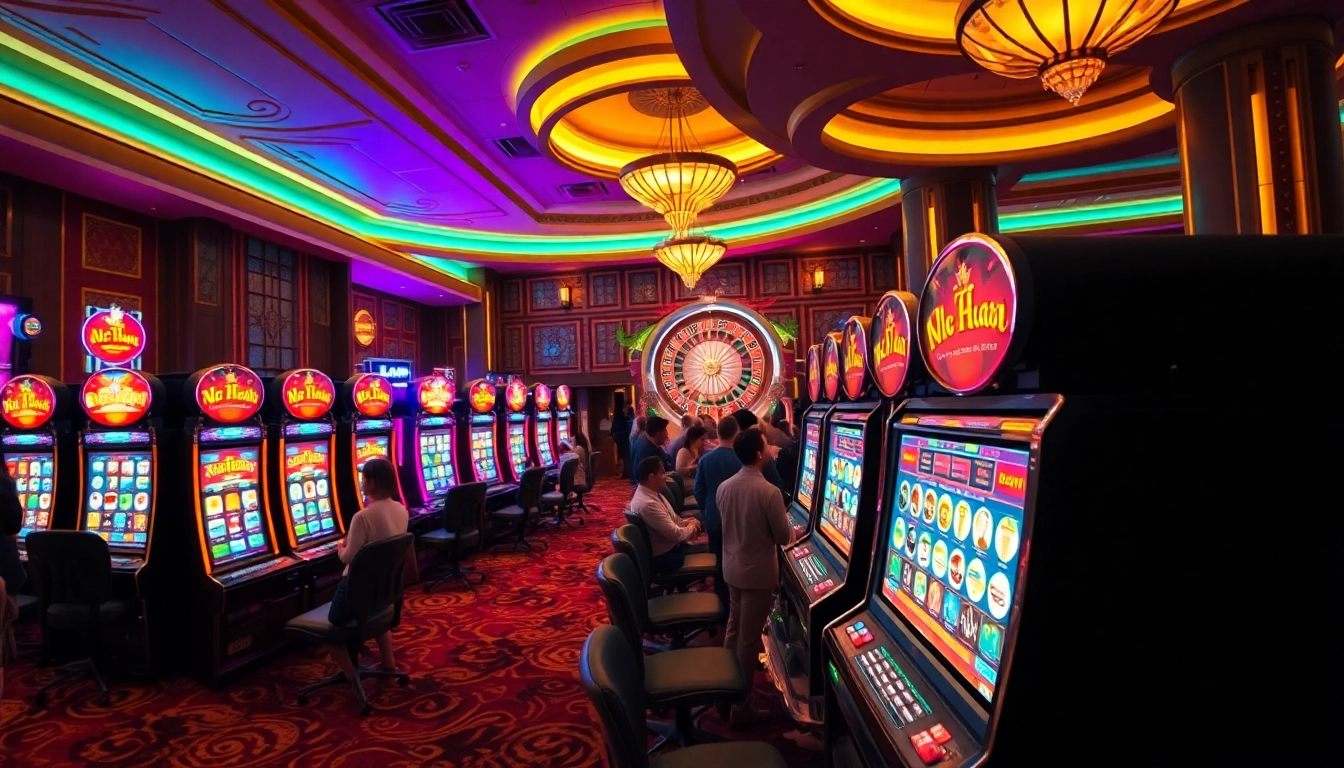 Experience the excitement of nổ hũ slot machines with vibrant colors and a lively casino atmosphere.