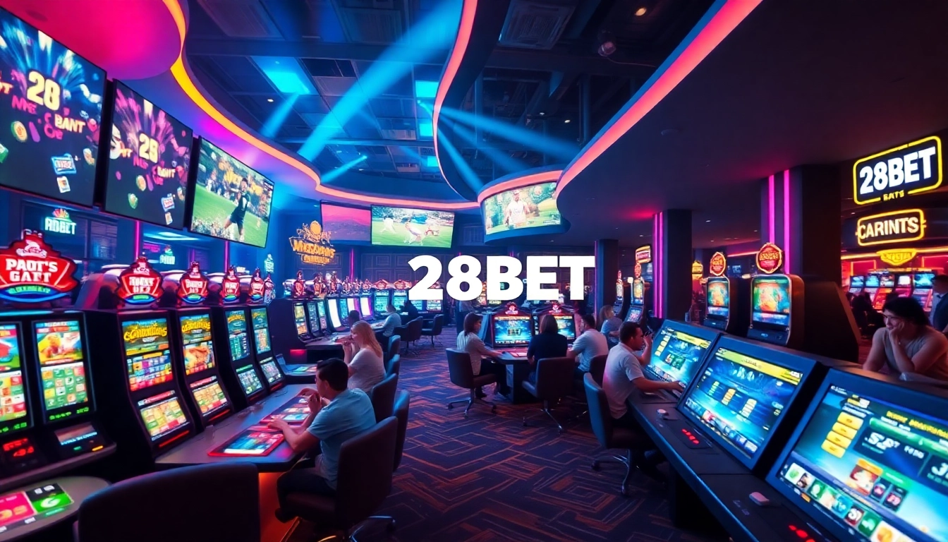 28BET online betting experience showcasing vibrant casino atmosphere with excited players.