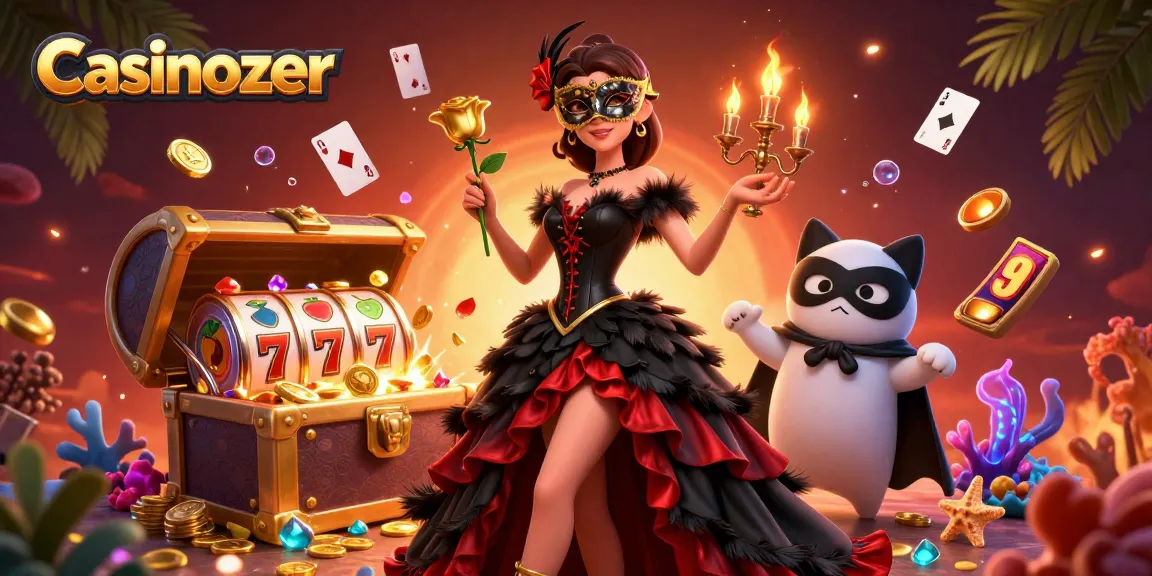 Engagez-vous avec la scène de casino numérique 3D vibrante de Casinozer, présentant des machines à sous palpitantes et des personnages captivants.