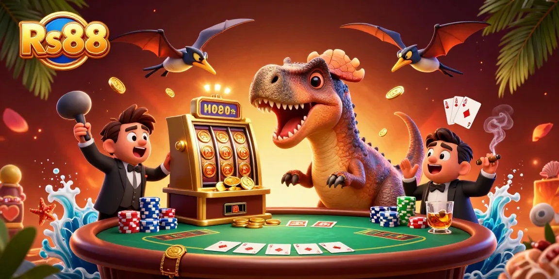 Rs88 cartoon scene with dinosaurs excited about jackpot coins from a golden slot machine.