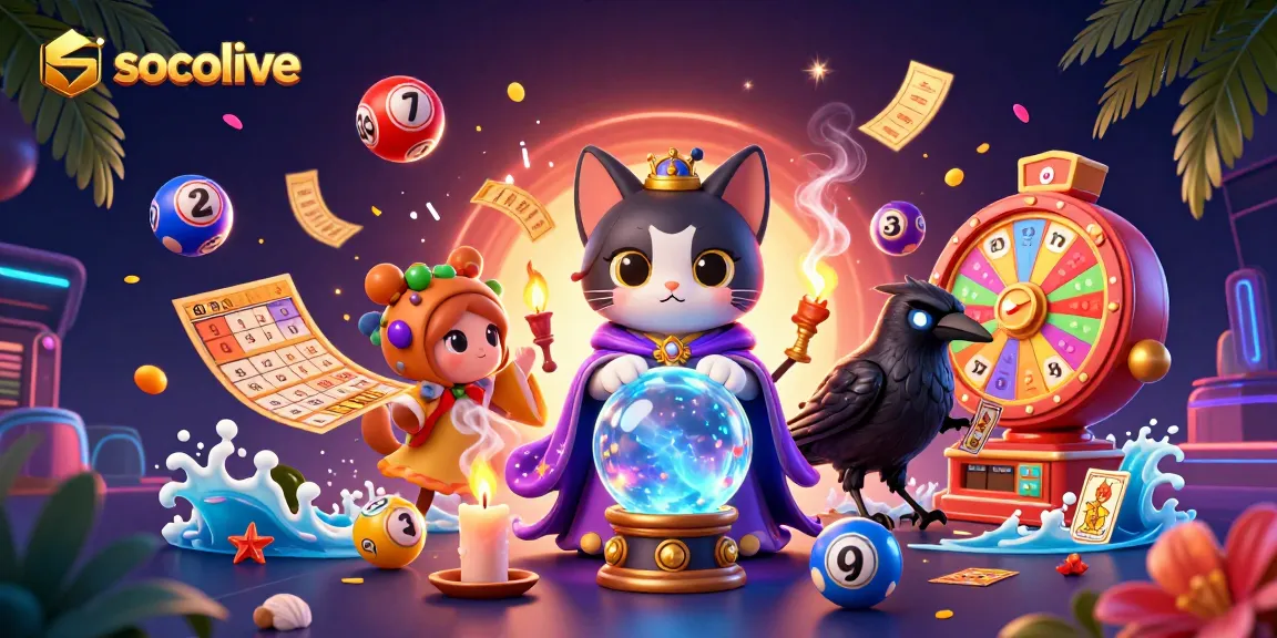 Socolive captivates players with dynamic illustrations of a mystical fortune teller cat and interactive lottery elements rich in color and detail.