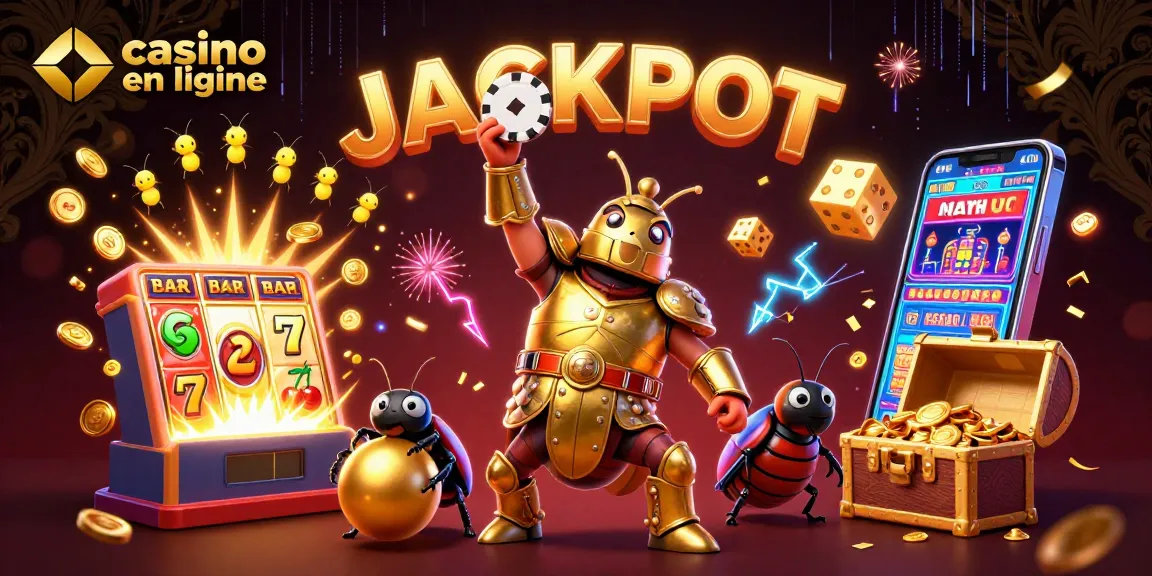 Explorez des jeux de casino en ligne avec un scarabée en armure brandissant des jetons sous un jackpot éclatant.