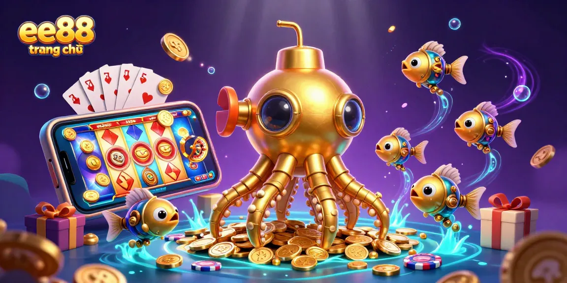 The 3D illustration features an elaborate casino scene with a golden kraken submarine, showcasing ee88 trang chủ theme with vibrant gaming elements.