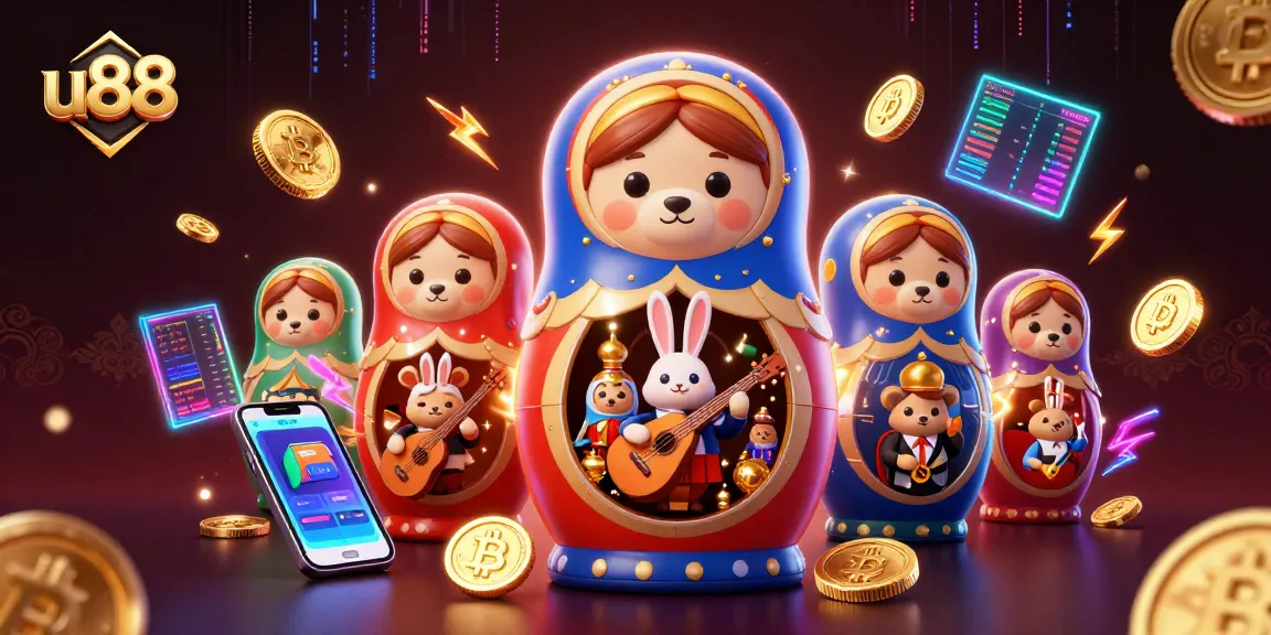Experience the excitement at u88 with a vibrant 3D casino scene of cartoon characters and crypto elements.