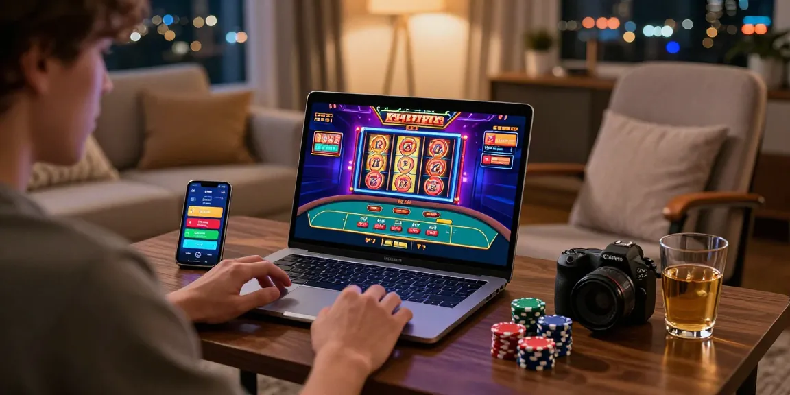 Un joueur de casino en ligne profitant d'une partie en direct avec des jetons colorés et une ambiance lumineuse, concentré sur l'écran.
