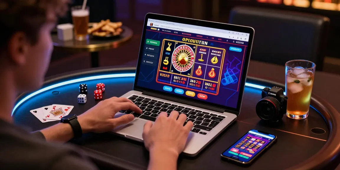 Interface de casino en ligne France légal avec jeu sur ordinateur, accessoires de jeu et ambiance accueillante.