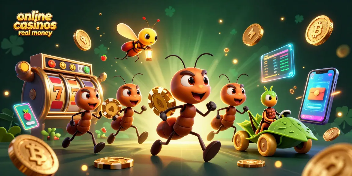 Engage with online casinos real money featuring a heist scene of ants, poker chip, and colorful game elements.