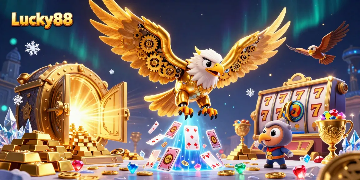 Engage with Lucky88 as golden eagle dives through holographic cards in a festive casino scene.